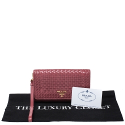 Pre Owned Prada Pink Woven Leather Madras Wristlet Wallet