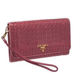 Pre Owned Prada Pink Woven Leather Madras Wristlet Wallet