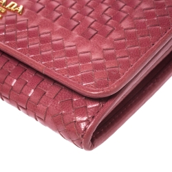 Pre Owned Prada Pink Woven Leather Madras Wristlet Wallet