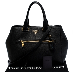 Pre Owned Prada Black Vitello Daino Leather Front Zip Tote