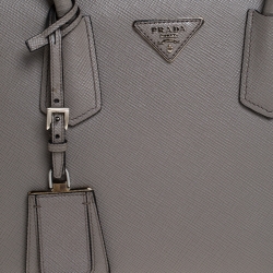 Prada Grey Saffiano Leather Small Turnlock Twin Tote