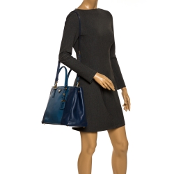 Pre Owned Prada Two Tone Blue Saffiano Lux Leather Large Double Zip Tote