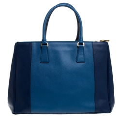 Pre Owned Prada Two Tone Blue Saffiano Lux Leather Large Double Zip Tote