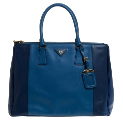 Pre Owned Prada Two Tone Blue Saffiano Lux Leather Large Double Zip Tote