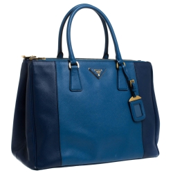 Pre Owned Prada Two Tone Blue Saffiano Lux Leather Large Double Zip Tote
