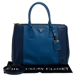 Pre Owned Prada Two Tone Blue Saffiano Lux Leather Large Double Zip Tote