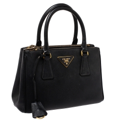 Pre Owned Prada Black Saffiano Lux Leather Mini Double Zip Tote