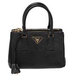 Pre Owned Prada Black Saffiano Lux Leather Mini Double Zip Tote