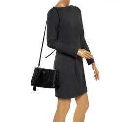 Pre Owned Prada Black Saffiano Lux Leather Mini Double Zip Tote