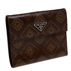 Pre Owned Prada Brown Printed Patent Leather Trifold Wallet