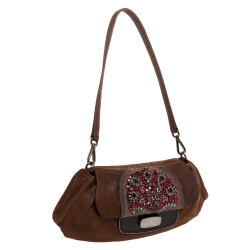 Pre Owned Prada Brown Leather Rhinestones Embellished Small Shoulder Bag