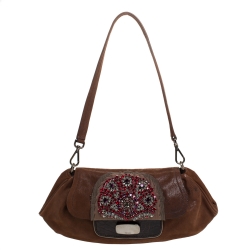 Pre Owned Prada Brown Leather Rhinestones Embellished Small Shoulder Bag