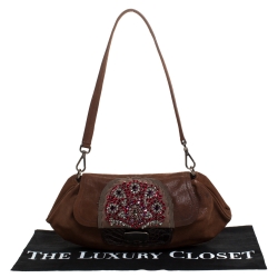 Pre Owned Prada Brown Leather Rhinestones Embellished Small Shoulder Bag