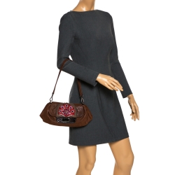 Pre Owned Prada Brown Leather Rhinestones Embellished Small Shoulder Bag