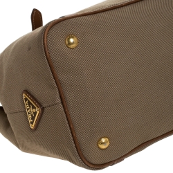 Pre Owned Prada Olive Green/Tan Logo Jacquard Fabric and Leather Tote