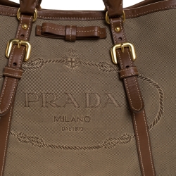 Pre Owned Prada Olive Green/Tan Logo Jacquard Fabric and Leather Tote