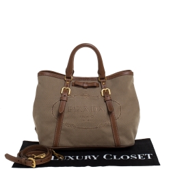 Pre Owned Prada Olive Green/Tan Logo Jacquard Fabric and Leather Tote