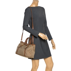 Pre Owned Prada Olive Green/Tan Logo Jacquard Fabric and Leather Tote