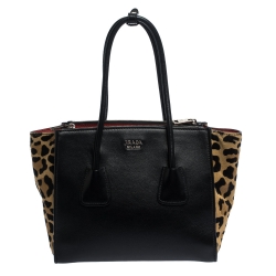 Pre Owned Prada Black/Brown Leather and Calfhair Twin Pocket Tote