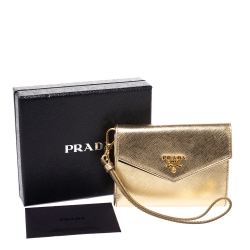 Pre Owned Prada Metallic Gold Saffiano Lux Leather Wristlet Compact Wallet