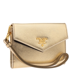 Pre Owned Prada Metallic Gold Saffiano Lux Leather Wristlet Compact Wallet