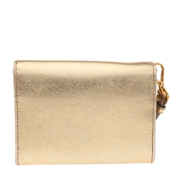 Pre Owned Prada Metallic Gold Saffiano Lux Leather Wristlet Compact Wallet