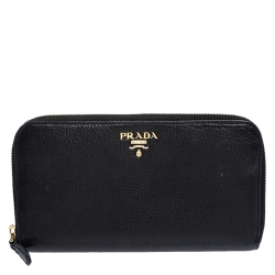 Pre Owned Prada Black Vitello Daino Leather Zip Around Wallet