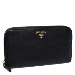 Pre Owned Prada Black Vitello Daino Leather Zip Around Wallet