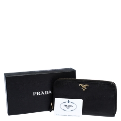 Pre Owned Prada Black Vitello Daino Leather Zip Around Wallet