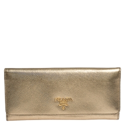 Pre Owned Prada Metallic Gold Saffiano Lux Leather Continental Wallet