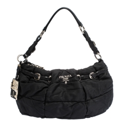 Pre Owned Prada Black Pleated Nylon Buckle Hobo
