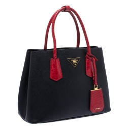 Pre Owned Prada Black/Red Saffiano Cuir and Crocodile Small Double Handle Tote