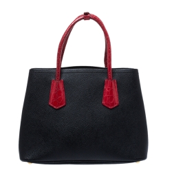 Pre Owned Prada Black/Red Saffiano Cuir and Crocodile Small Double Handle Tote