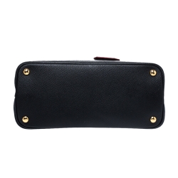 Pre Owned Prada Black/Red Saffiano Cuir and Crocodile Small Double Handle Tote