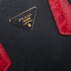 Pre Owned Prada Black/Red Saffiano Cuir and Crocodile Small Double Handle Tote