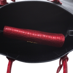 Pre Owned Prada Black/Red Saffiano Cuir and Crocodile Small Double Handle Tote