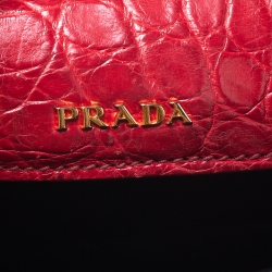 Pre Owned Prada Black/Red Saffiano Cuir and Crocodile Small Double Handle Tote