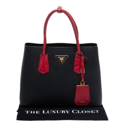 Pre Owned Prada Black/Red Saffiano Cuir and Crocodile Small Double Handle Tote