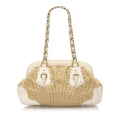 Pre Owned Prada Brown Raffia And Leather Frame Shoulder Bag