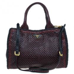 Pre Owned Prada Black Maroon Woven Leather Madras Tote