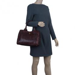 Pre Owned Prada Black Maroon Woven Leather Madras Tote