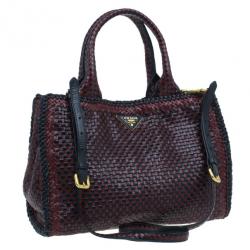 Pre Owned Prada Black Maroon Woven Leather Madras Tote