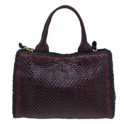 Pre Owned Prada Black Maroon Woven Leather Madras Tote