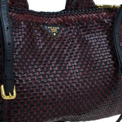Pre Owned Prada Black Maroon Woven Leather Madras Tote