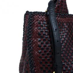 Pre Owned Prada Black Maroon Woven Leather Madras Tote