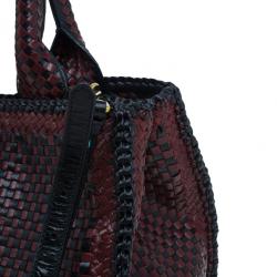 Pre Owned Prada Black Maroon Woven Leather Madras Tote