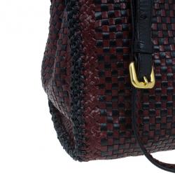 Pre Owned Prada Black Maroon Woven Leather Madras Tote