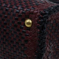 Pre Owned Prada Black Maroon Woven Leather Madras Tote