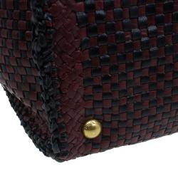 Pre Owned Prada Black Maroon Woven Leather Madras Tote