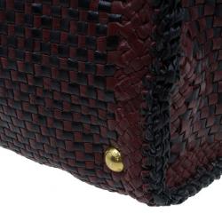 Pre Owned Prada Black Maroon Woven Leather Madras Tote